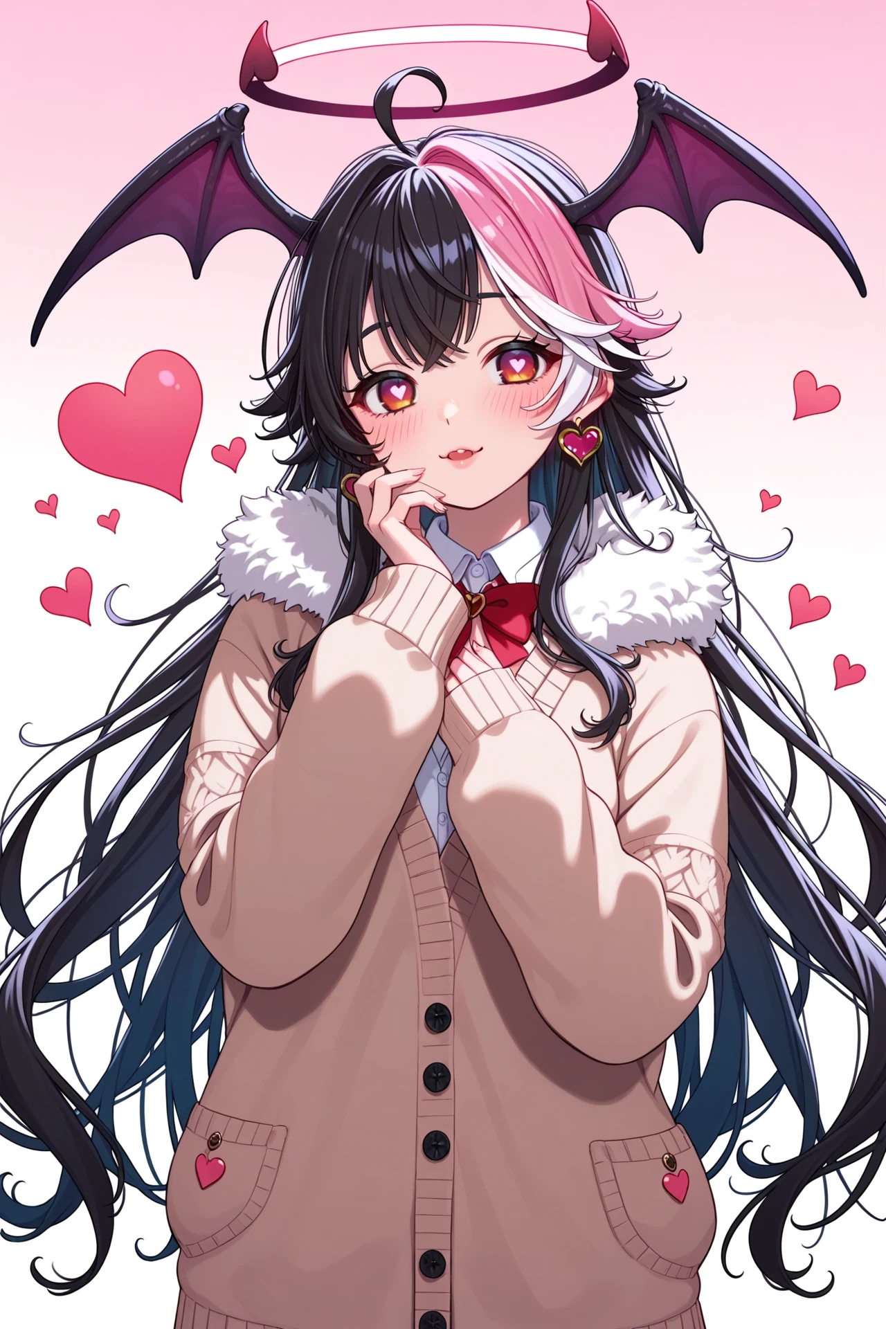 
1girl, pink hair, dip dyed hair, white hair, streaked hair, black hair, heart ahoge, head wings, demon head wings, sidelocks, ribbons, very long hair, fur trim, cardigan, bows on cardigan, heart shaped pupils, heart earrings, demon wings, demon tail, halo, large breasts, blush, pink gradient background, <lora:rokwmn:1>