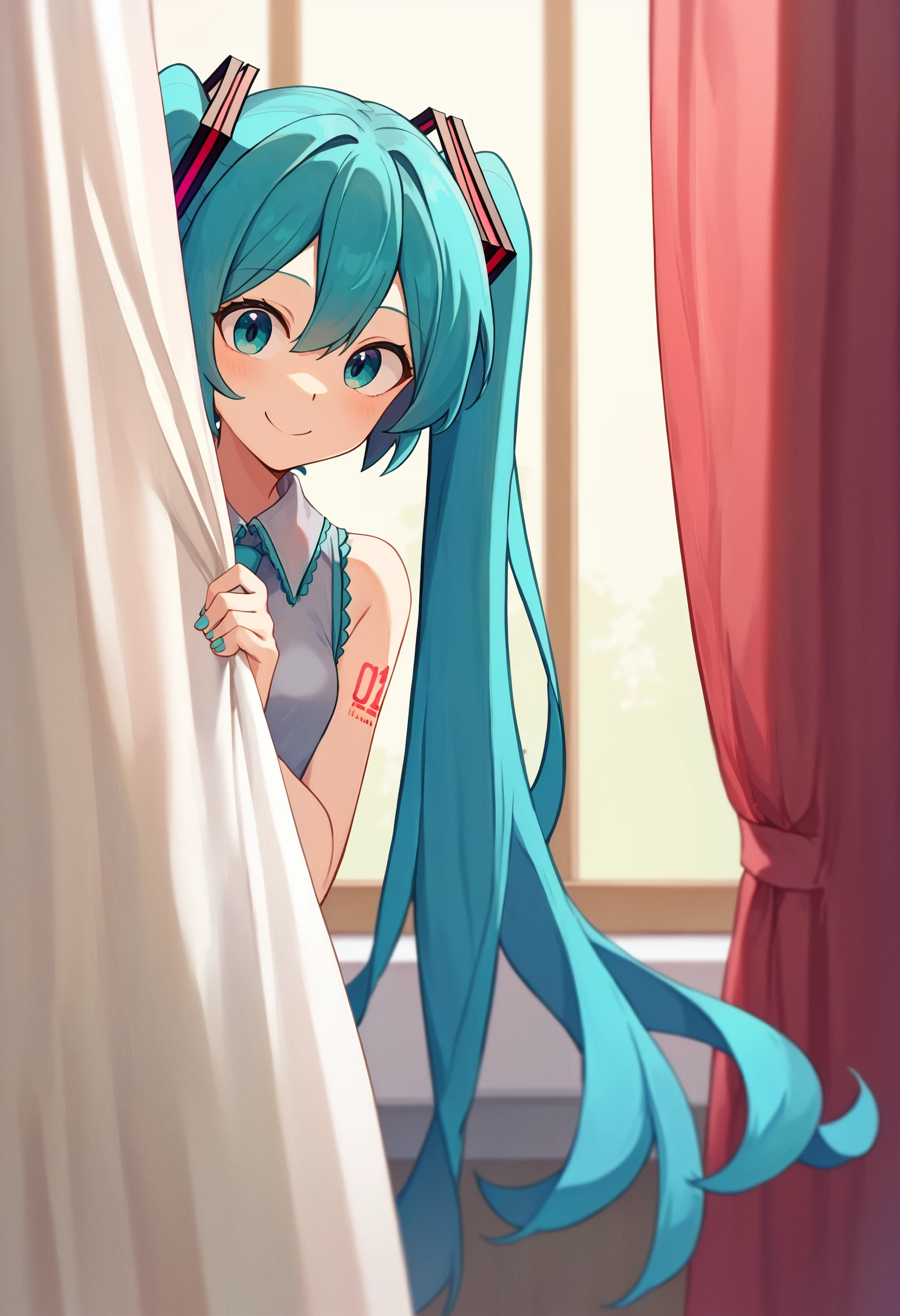 score_9_up score_8_up score_7_up, 1girl hatsune miku, peeking out, curtains, smile
<lora:peeking_out_ponyxl:1>