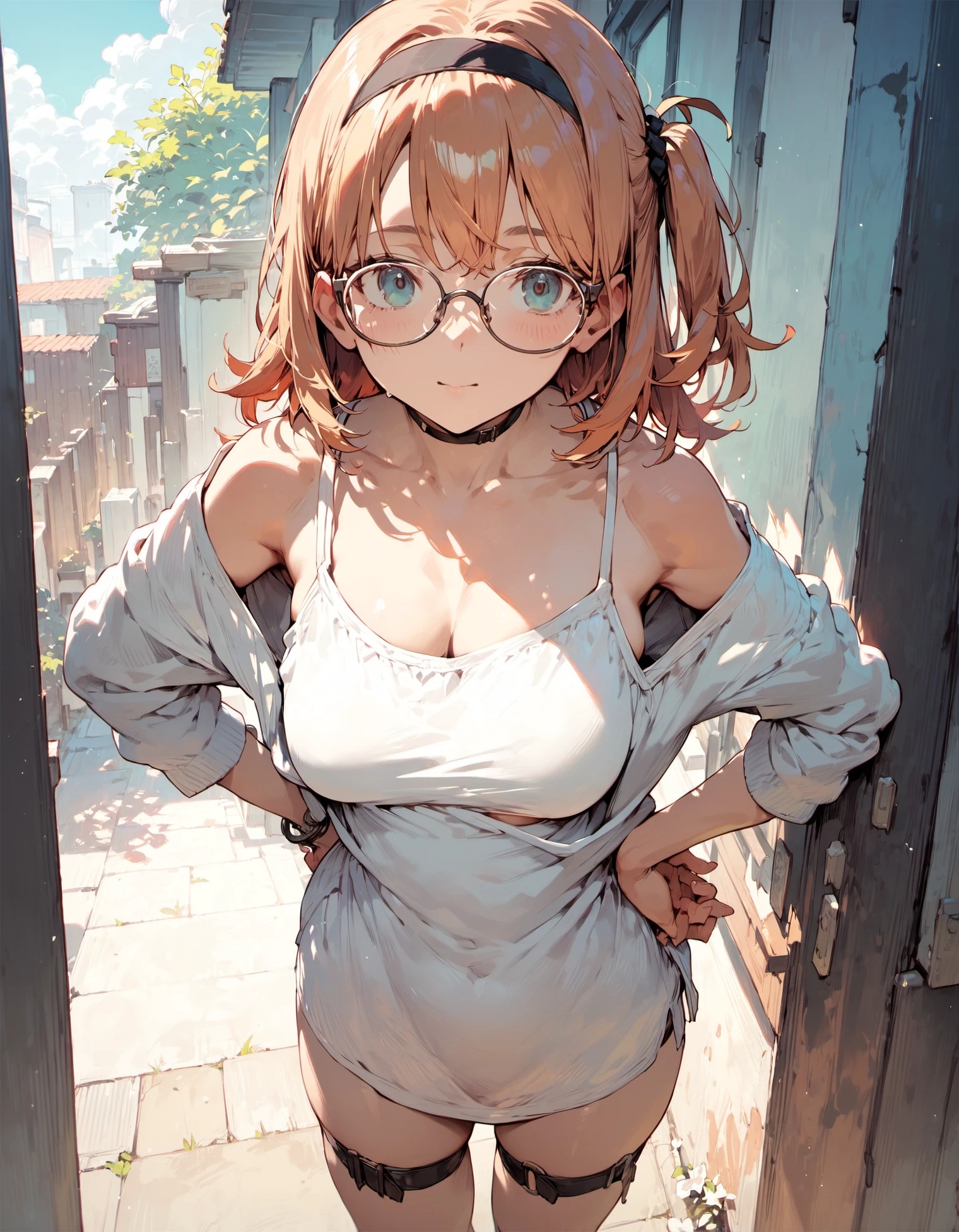 1girl, ;d, arms behind back, blonde hair, blush, breasts, camisole, casual, collarbone, dress shirt, green eyes, hair between eyes, hairband, hand on own hip, light blush, looking at viewer, medium breasts, medium hair, no pants, opaque glasses, open clothes, one side up, parted lips, shirt, skindentation, smile, sweat, teeth, thigh strap, thick eyebrows, tongue, tongue piercing, upper teeth only, white shirt