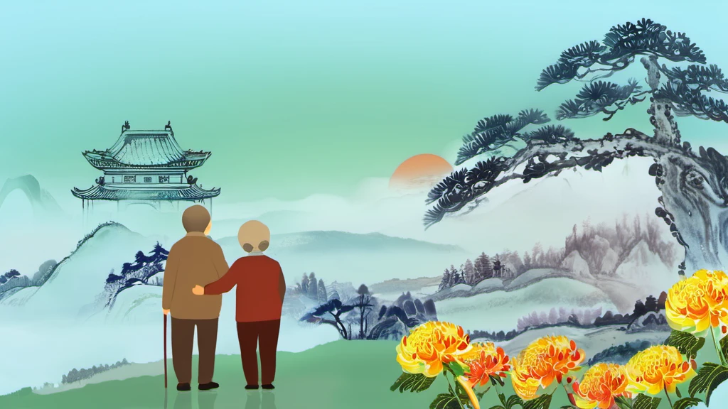 ChongYang Photography, an old couple standing under a tree, looking at a samll temple on hilltop in distant, chrysanthemums, best quality, high quality, masterpiece, 8K UHD, highly detailed, ultra detailed <lora:ChongYang_v1.0:0.8>