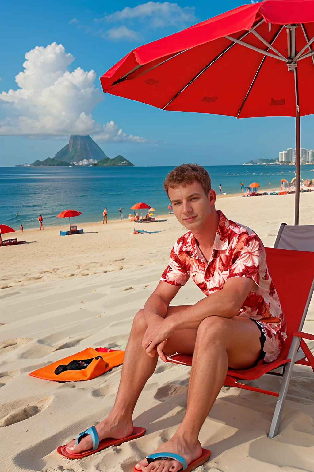 Rio De Janeiro, Copacabana Beach, late afternoon, (sitting on a beach chair), under beach umbrella, TomSutcliffe, HardTom, ((red Hawaiian shirt)), (gray shorts), sandals, gentle waves, (((full body portrait ))), wide angle <lora:TomSutcliffe:0.8>