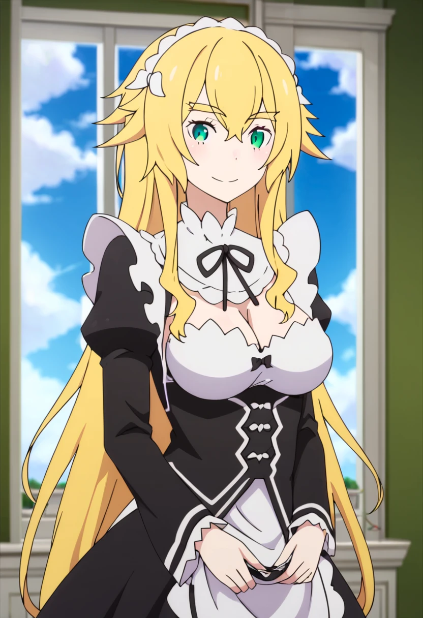 <lora:Frederica:1> Frederica, 1girl, roswaal mansion maid uniform, blonde hair, breasts, maid, long hair, solo, bow, smile, cleavage