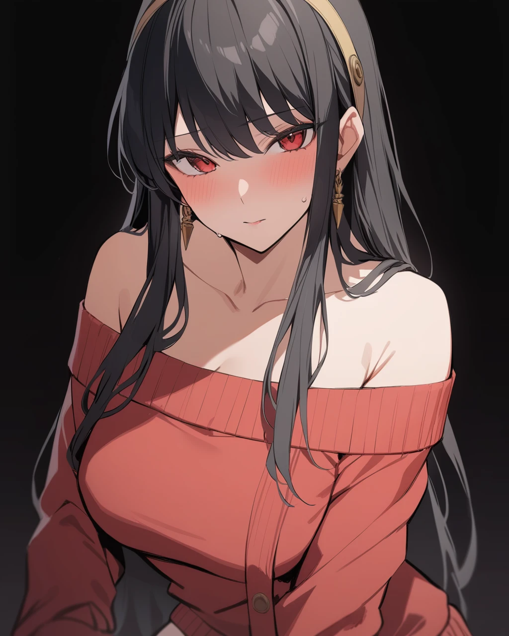 yorbriar, yor briar, black hair, (red eyes:1.5), earrings, gold hairband, hairband, long hair, sidelocks,
BREAK bare shoulders, collarbone, covered navel, dress, long sleeves, off shoulder, off-shoulder dress, off-shoulder sweater, pantyhose, red sweater, sweater, sweater dress, thighs,
BREAK outdoors, city,
BREAK looking at viewer,
BREAK (masterpiece:1.2), best quality, high resolution, unity 8k wallpaper, (illustration:0.8), (beautiful detailed eyes:1.6), extremely detailed face, perfect lighting, extremely detailed CG, (perfect hands, perfect anatomy),