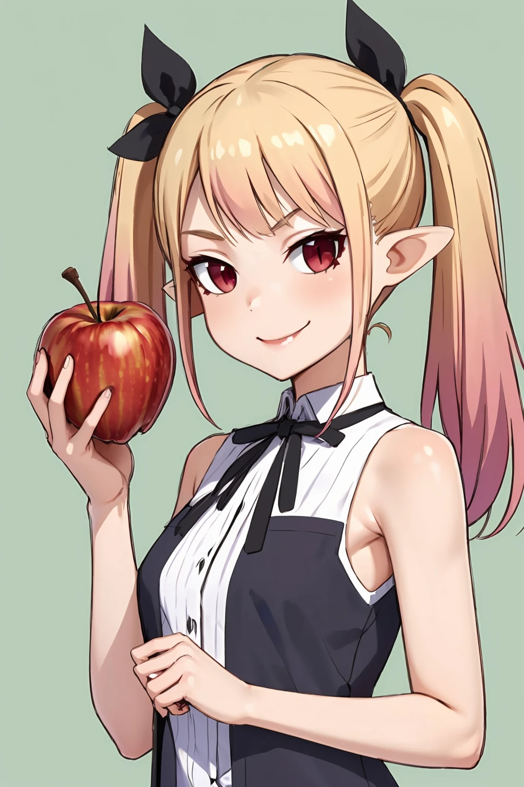 vvnlla, blonde hair, multicolored hair, twintails, pointy ears, ribbon, black ribbon, neck ribbon, shirt, sleeveless, sleeveless shirt, pink hair, red eyes, looking at viewer, bow, wings, sleeveless, pointy ears, striped, holding, holding apple, evil smile, <lora:Himesama_Goumon_Vanilla_00_01:0.8>