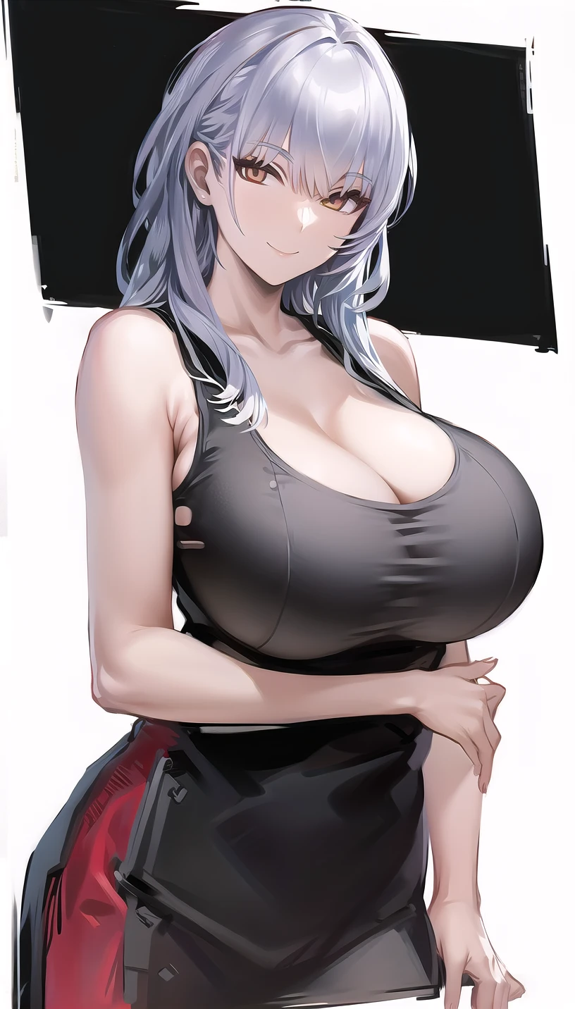 (tank top:1.28),
smile,
lady,mature female, cowboy shot,
(white background, simple background:1.18), 
highres,official art,original,masterpiece,best quality,
(huge breasts),
 <lora:Charlotte:0.8>