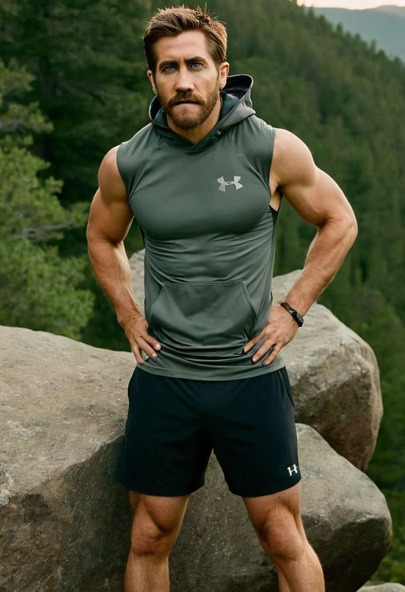 photo of jake gyllenhaal a man <lora:jake-gyllenhaal:1>, wearing a sleeveless well-fitted under armour hoodie and compression shorts, standing on a boulder, outdoor trail, 35mm photograph, film, bokeh, professional, 4k, highly detailed, creek in the background, natural lighting, golden hour