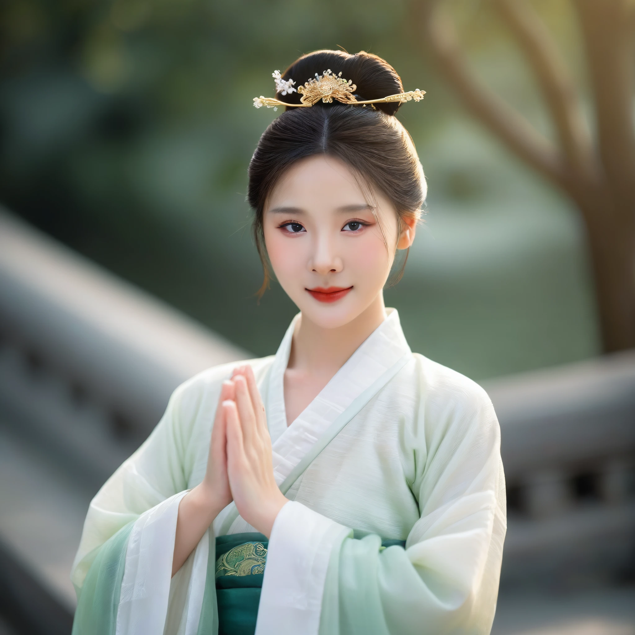 Realistic,Chinese young woman portrait,upper body,elegant bun with hair ornament,looking at viewer,smile,outdoors,cold jade eyes,traditional silk hanfu,serene elegance,ancient beauty,natural light,side light,masterpiece,depth of field,bokeh,huge filesize,,, <lora:cute girl:1>
