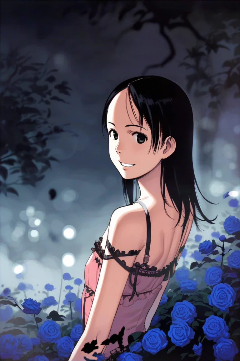 score_9, score_8_up, score_7_up, rating_safe BREAK
1girl, solo, pink and black theme, dark, upper body, side face, grin, parted lips, looking back, floating hair, pink dress, bare shoulders,(delicate and beautiful eye), forehead, flat chest, gothic fashion, blue rose, fog, fireflies, underlighting, bokeh, blurry background, strong visual impact, film lighting, from side