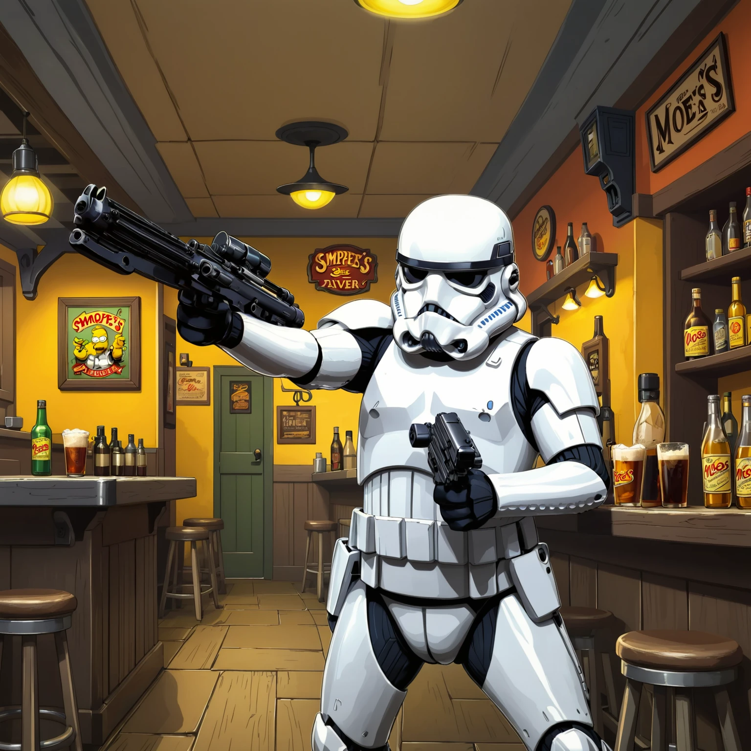 A stormtrooper aiming a black rifle in a Moe's Tavern, e11blstr, simpsons, cartoon