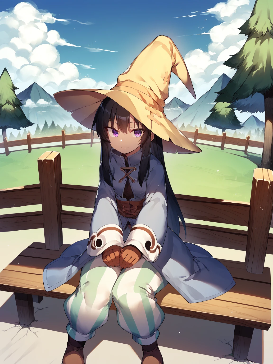score_9, score_8_up, score_7_up, score_6_up, score_5_up, best quality, source_anime, <lora:BlackMageCostumeSDXL-V1:1>, BREAK
(solo female), (young:0.2), bmcostume, long black hair, purple eyes, (smile:0.5), sitting on bench, wooden fence, trees, mountain in background
