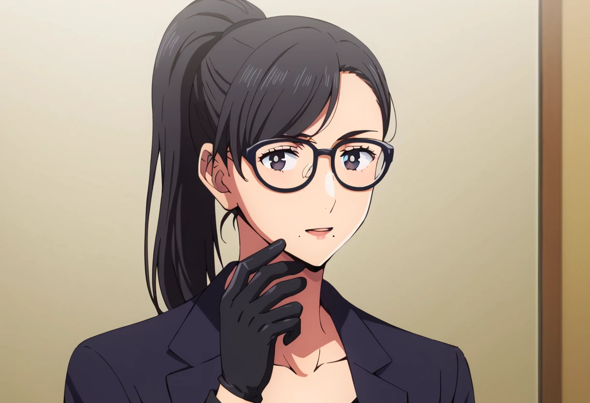 <lora:Hizuru:1> Hizuru, 1girl, sledgehammer, mole under mouth, solo, glasses, mole, ponytail, black hair, gloves