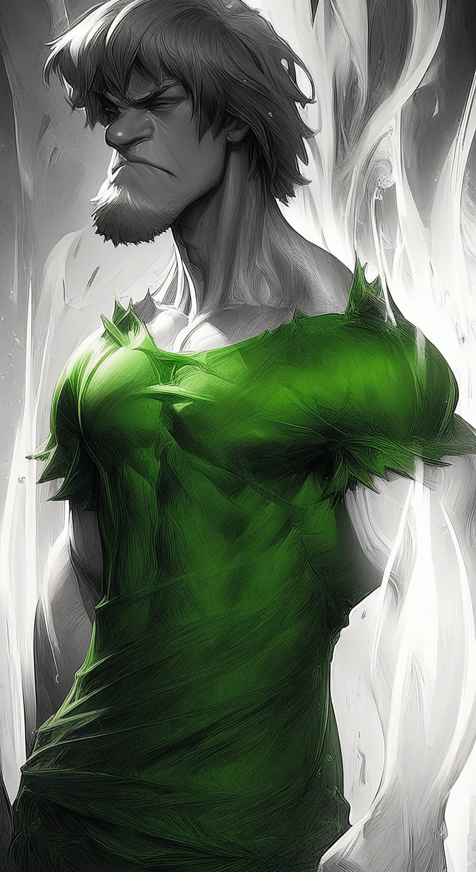score_9, score_8_up, score_7_up,solo, 1boy, male focus,face focus,detailed face, brown hair, shirt,white flame aura,epic,huge muscle arms,monochrome,green shirt,buffed,grumpy face,10% power level,, <lora:add-detail-xl:0.8> <lora:Shaggy_Rogers3:1>,