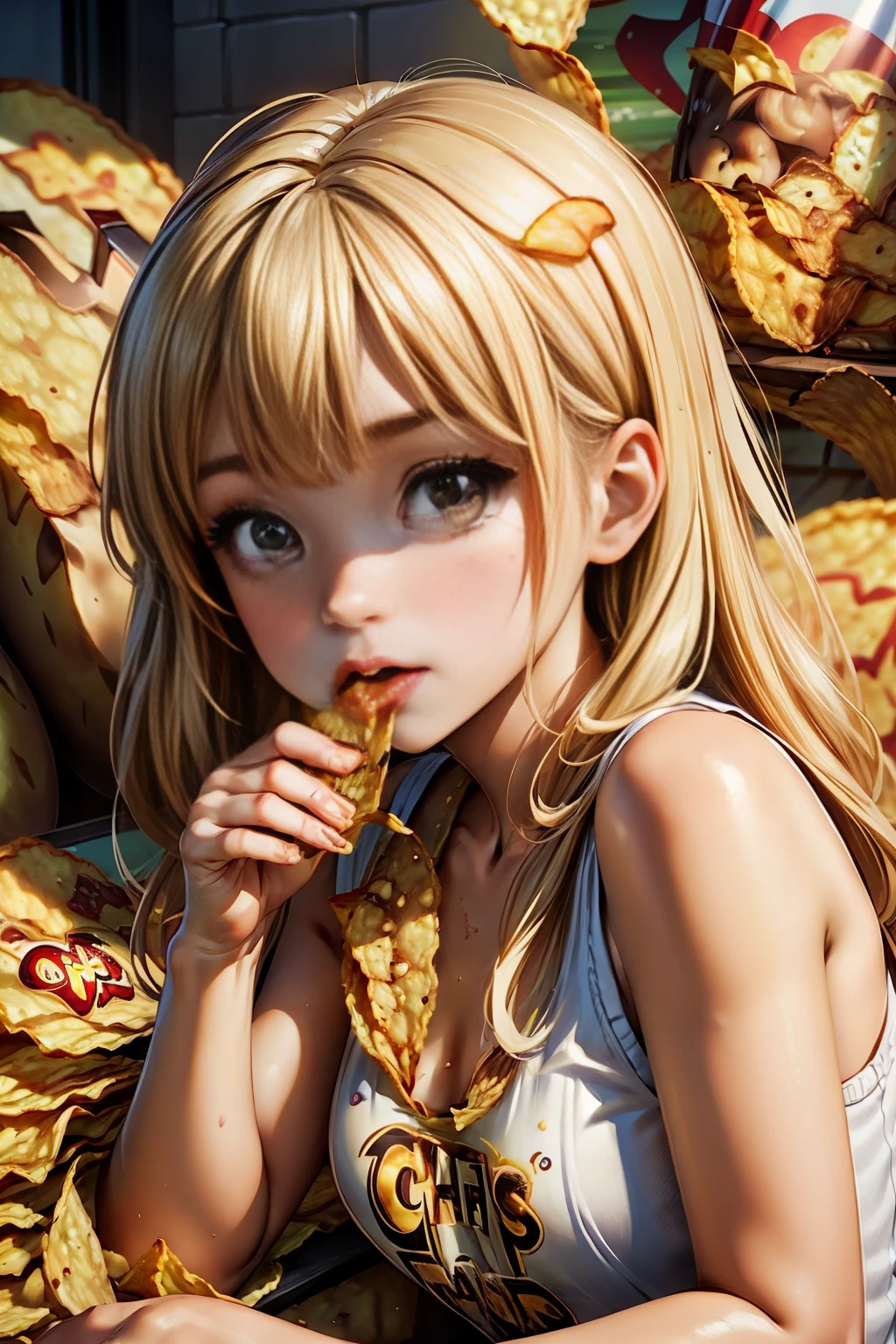 <lora:PotatoChipsWorld:1.0>  ( PotatoChipsWorld :1.1) (1girl chibi eating chips)