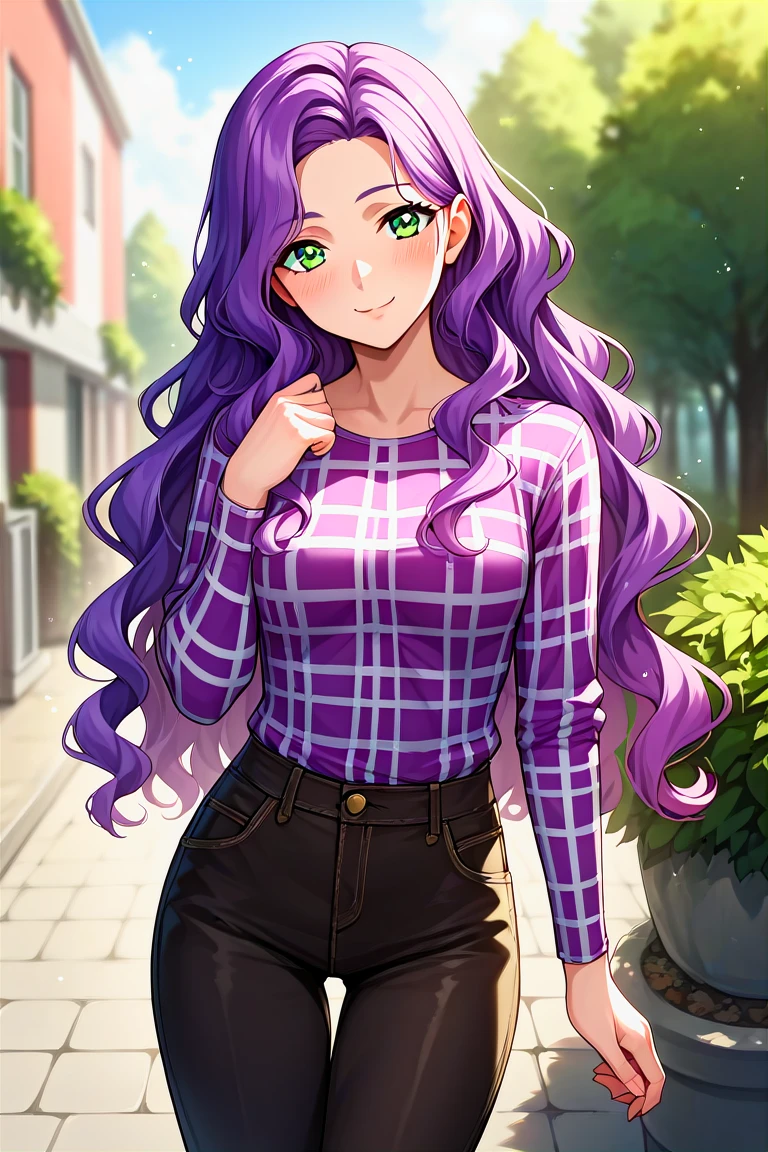 score_9, score_8_up, score_7_up, score_6_up, score_5_up, score_4_up, rating_questionable, , source_anime, digital illustration, pixiv, fanbox, uncensored, , BREAK, official art,
1girl, solo, female, anna clement, purple hair, green eyes, long hair, wavy hair,
shirt, pants, checkered shirt,, outdoors, light smile, blush, cowboy shot, looking at viewer, <lora:Anna_Clement_Pony:0.8>