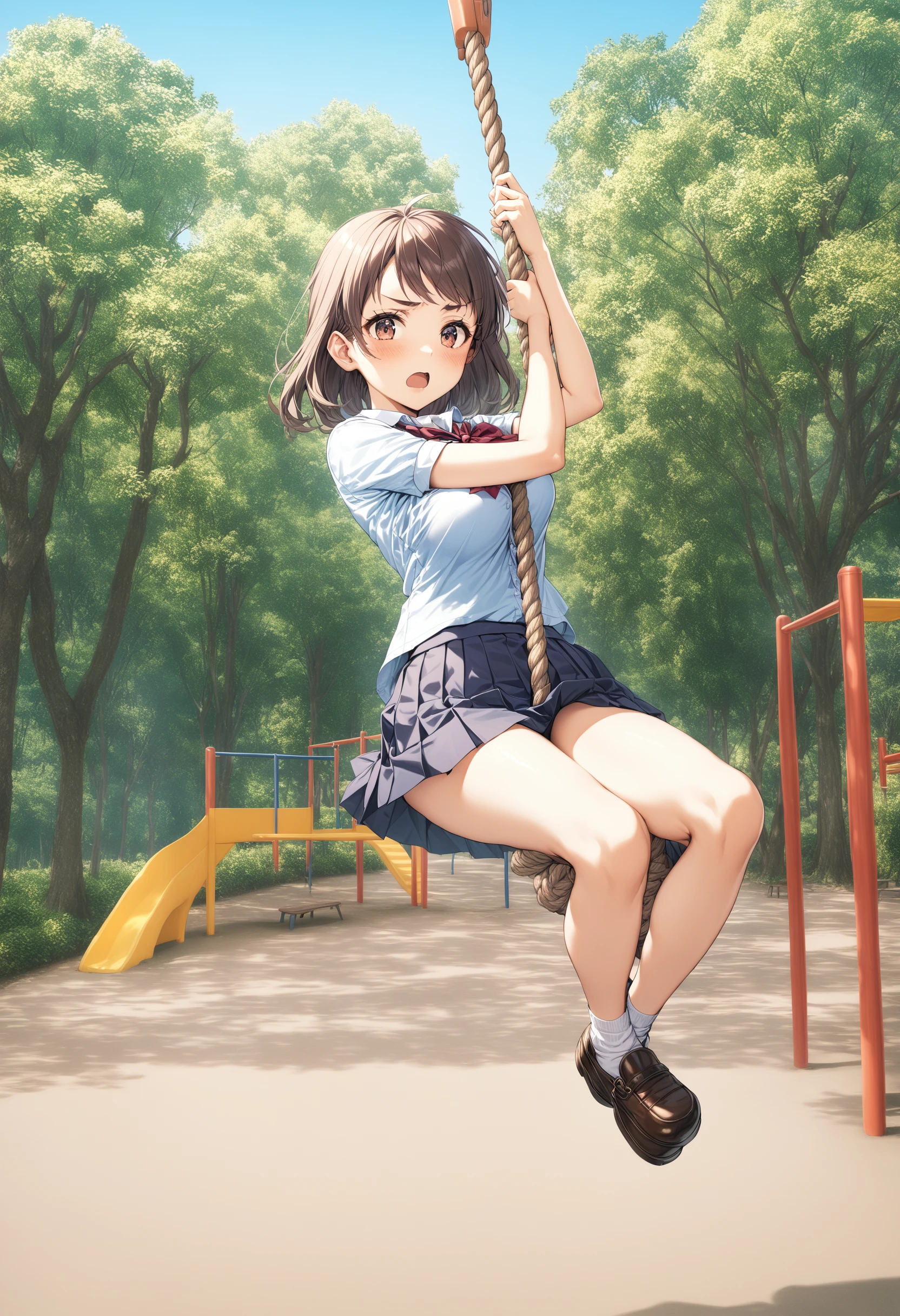 1girl, <lora:sdxl2-flat2-512b:-1>,medium breasts,school uniform,
tarzan rope, <lora:tarzanrope_XL_v1:0.7>,solo, outdoors, day, playground, ceiling, full body, looking at viewer, furled brow, open mouth,
best quality,medium quality,