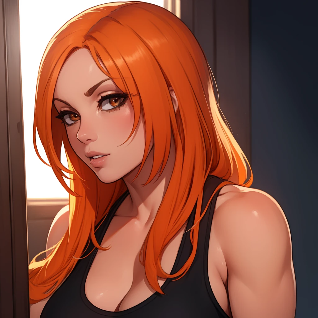 Best_QualityPos, RAW photo, intricate details, best quality, 8k uhd, soft lighting, 1girl, solo, Becky Lynch, long hair, orange hair, brown eyes, black tank top <lora:Becky_Lynch:0.5>  <lora:backlight_slider_v10:-0.6>