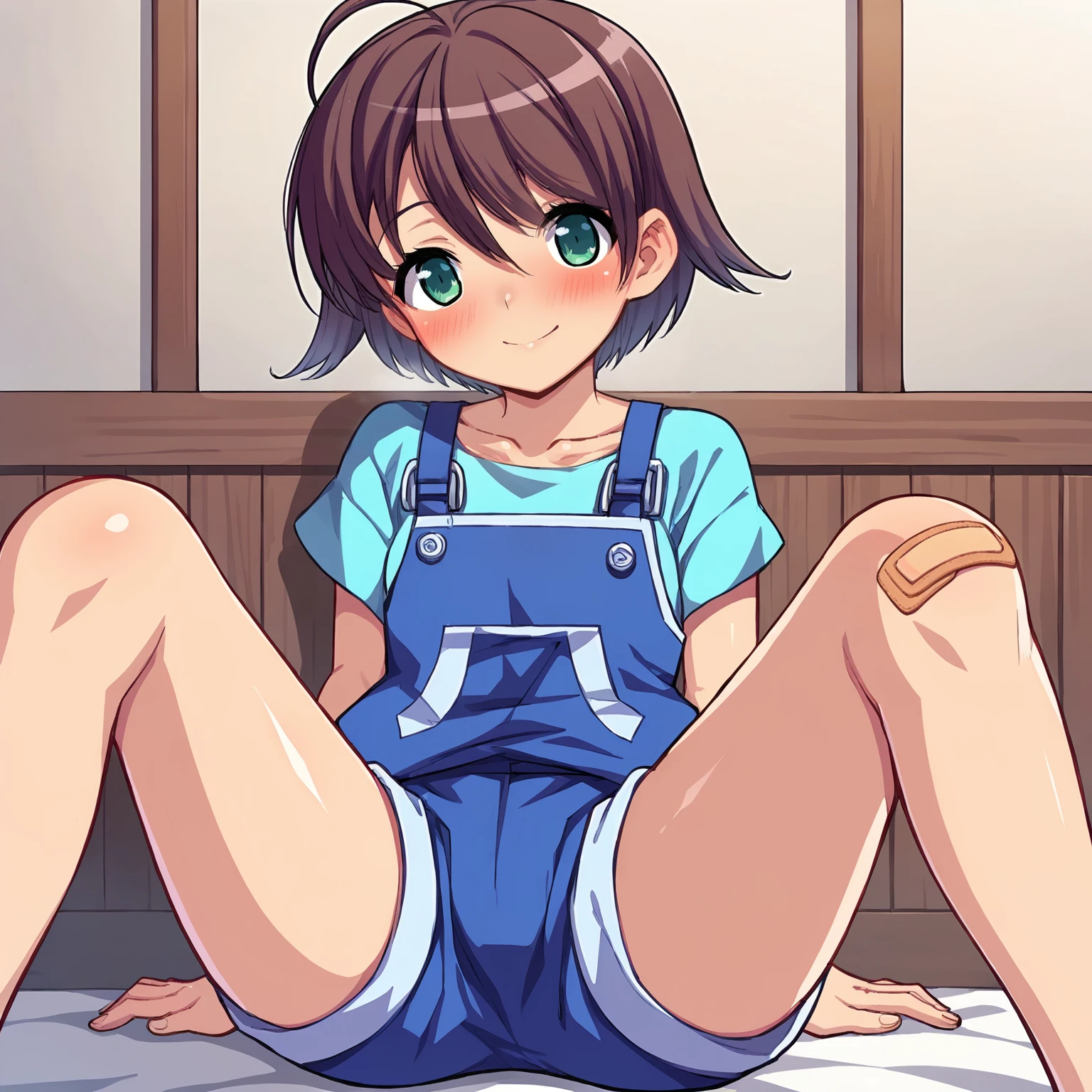 score_9, score_8_up, score_7_up, source_anime, 1girl,
snn_V1, brown hair, short hair, bangs, ahoge, green eyes,
blue overalls, aqua shirt, t-shirt, short sleeves, overalls shorts, blue shorts,
sitting, spread legs, knees up, arm support, leaning back,
bandaid, bandaid on knee,
looking at viewer, head tilt, smile, blush,
<lora:snnV1-pony:0.8>