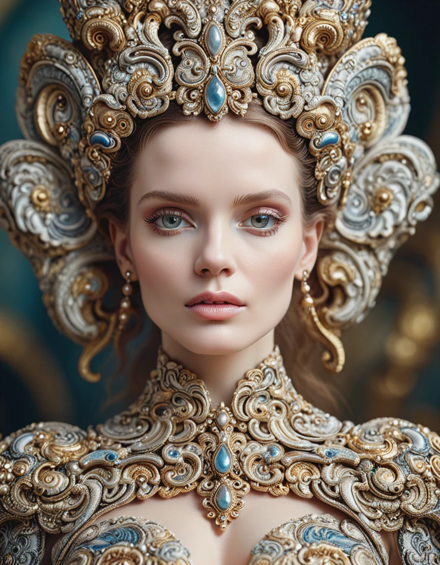 ornamental Libellus Novus design, portrait of a woman wearing ornate fashion, soft focus, half body editorial shot, depth of field, stunning, intricately hyperdetailed, amazing depth, expansive details