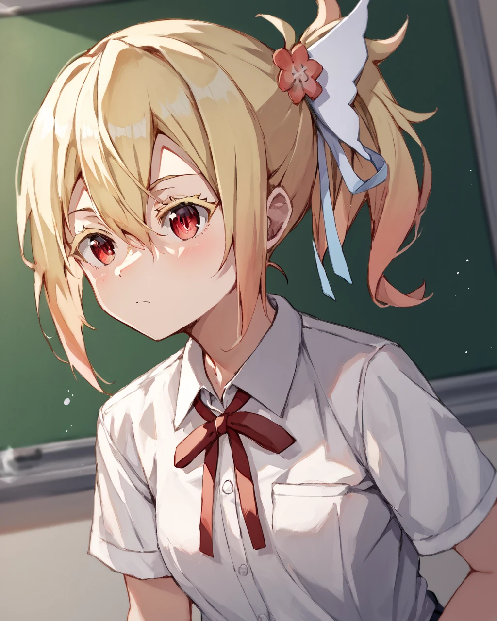score_9, score_8_up, score_7_up, score_6_up, score_5_up, score_4_up, BREAK source_anime,
<lora:Fuyou_Yuuna_PONY:1>,1girl, solo, blonde hair, side ponytail,hair ornament,red eyes,thick eyelashes, hair between eyes,hair ribbon,school uniform,white shirt, red ribbon, neck ribbon,white ribbon,