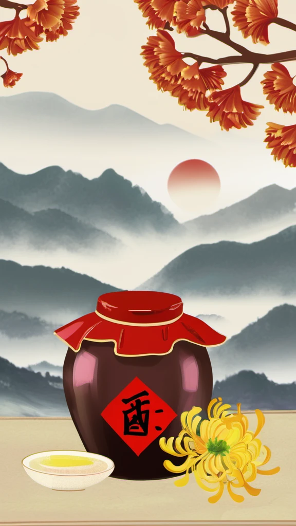 ChongYang Photography, a jar of wine with text '\u9152', chrysanthemums, river, hills, red sun, best quality, high quality, masterpiece, 8K UHD, highly detailed, ultra detailed <lora:ChongYang_v1.0:0.8>