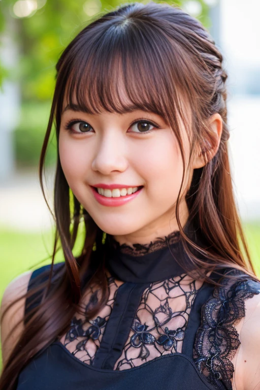 1girl, (sleeveless, lace dress:1.6),(RAW photo, best quality:1.4), (realistic, photo-realistic:1.4), masterpiece, an extremely delicate and beautiful, extremely detailed, 2k wallpaper, Amazing, finely detail, extremely detailed CG unity 8k wallpaper, ultra-detailed, highres, soft light, beautiful detailed girl, extremely detailed eyes and face, beautiful detailed nose, beautiful detailed eyes,cinematic lighting,(blurry,bokeh backgound:1.6),(night city:2.0),perfect anatomy,(slender body:1.6),(close up face,focus face:2.0),(laugh lightly,Friendly, warm:1.8),(looking at viewer:1.8), (long hair:1.6), (japanese idol:1.8), (brown eyes:1.4),(standing:1.6),(cleavage:0.8), <lora:atsuginanami_lora-10:0.8>