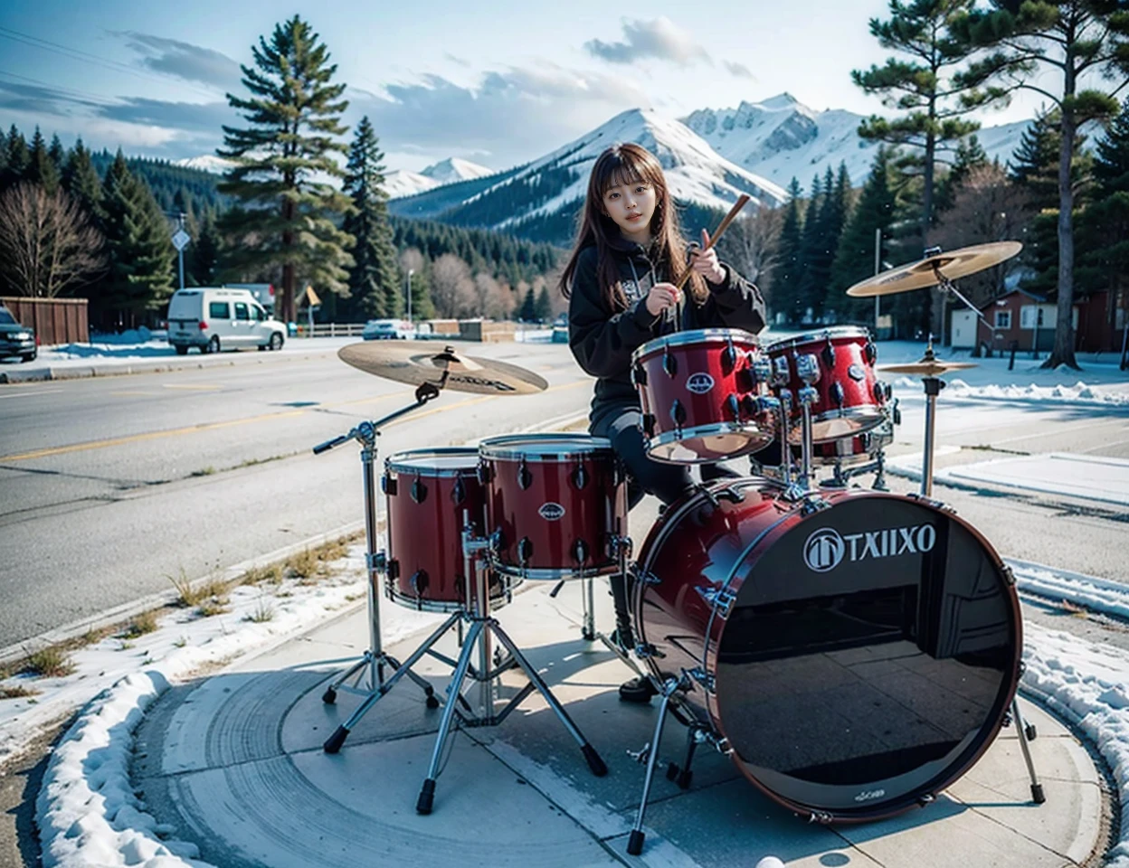 1girl, outdoor, drum, playing drum,  snowing, day, 

masterpiece, best quality, 8k