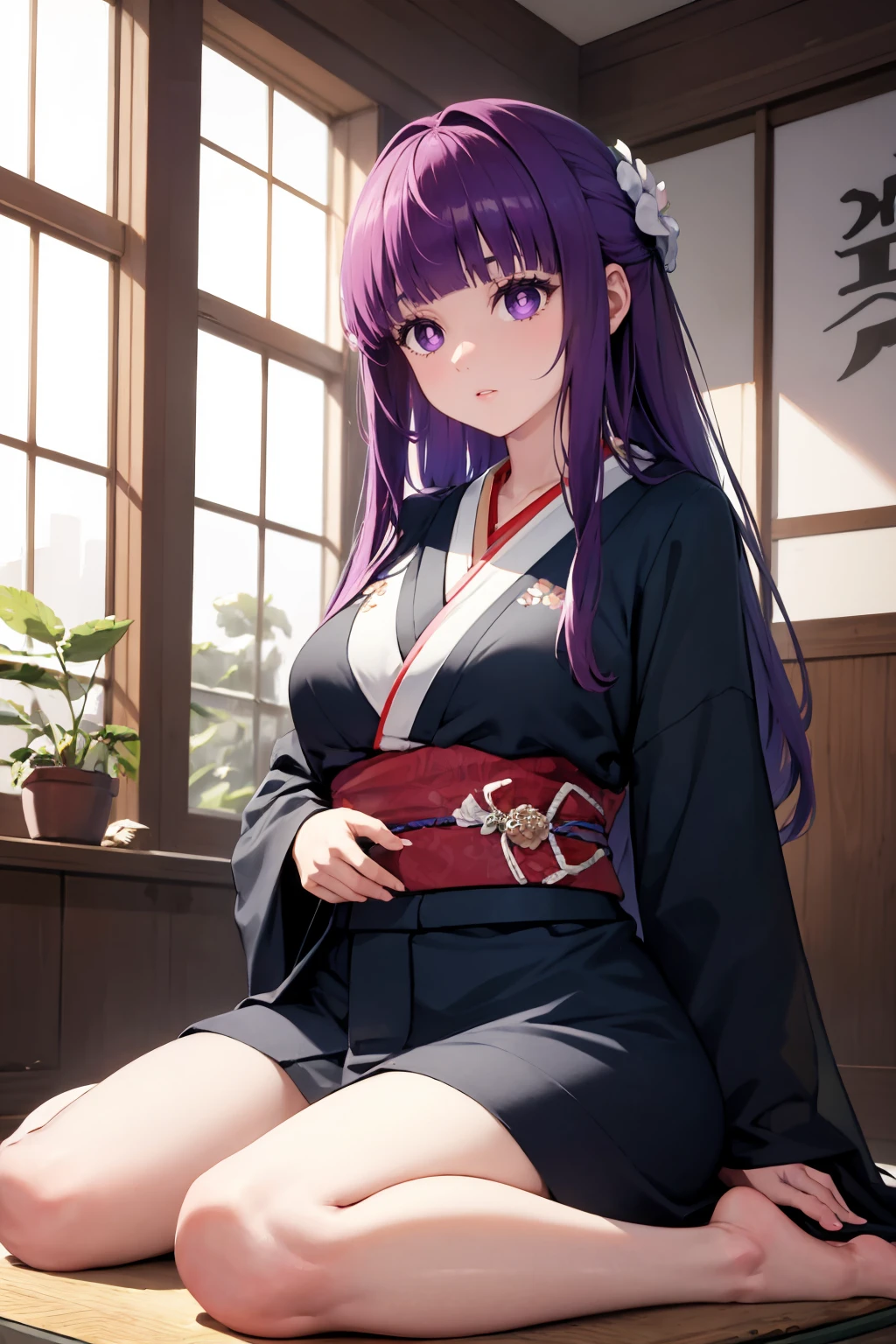 masterpiece, best quality, absurdres, 1girl, solo, FernFrieren, purple pupils, long hair, half updo, indoors, kimono, hair flower, floral print, wariza, sitting, <lora:FernV2:1>