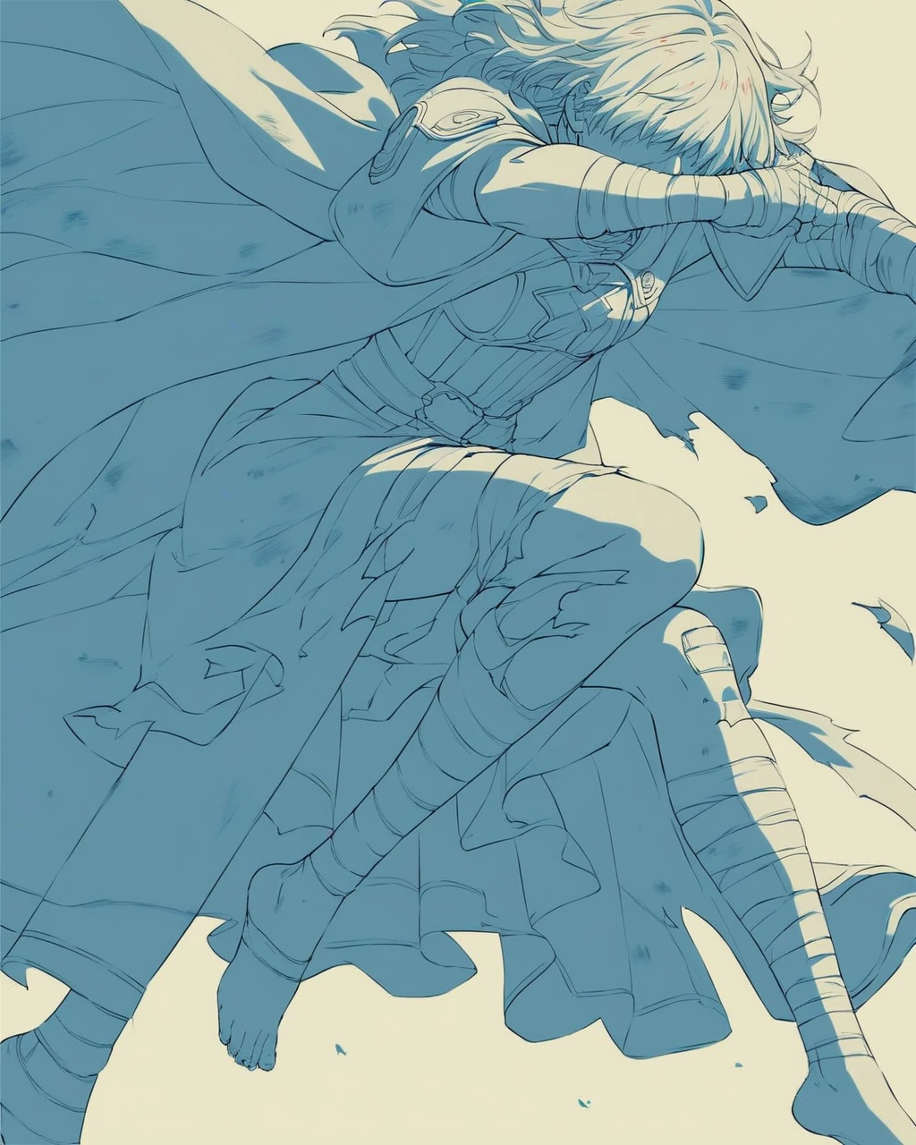 score_9, score_8_up, score_7_up, score_6_up, score_5_up, score_4_up, source_anime, screenshots, <lora:AnimeOriginalArtStyleShadow_PONYXL_d4a1-000010:1> oamhfs, simple background,monochrome,blue theme,
<lora:maideninblack-pdxl-nvwls-v1:0.7:lbw=sdxlcolor> maideninblack, covered eyes, cape, torn cape, dress, bandages, bare feet