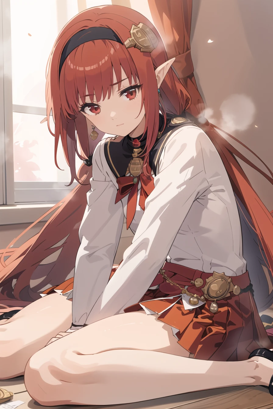 masterpiece,best quality,sitting,wariza,<lora:yuansuV4:1>,yuansu \(erjue\),red long sleeves,red skirt,low twintails,hairband,jewelry,shirt