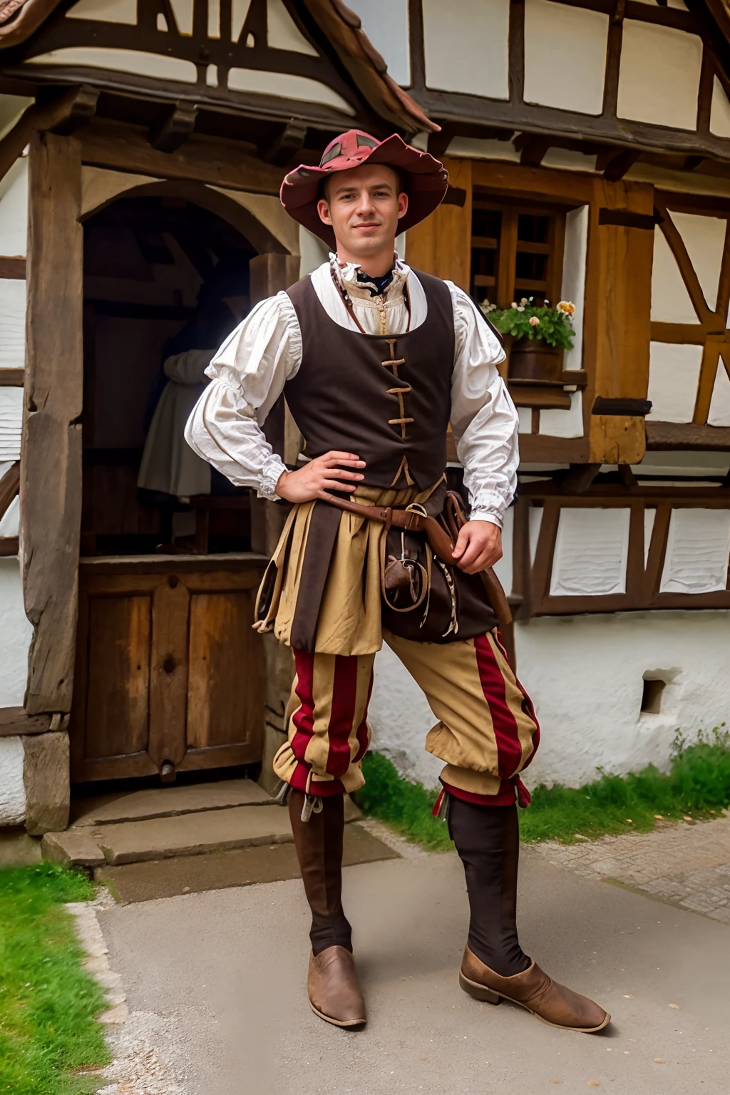 outdoors, street, (medieval Germany village:1.2), Half-timbered Construction, TomSutcliffe is a Landsknecht, hat, pants, (((full body portrait))), full body shot, wide angle <lora:TomSutcliffe:0.8>   <lora:Landsknecht:0.9> <lora:German_architecture_last:0.8>