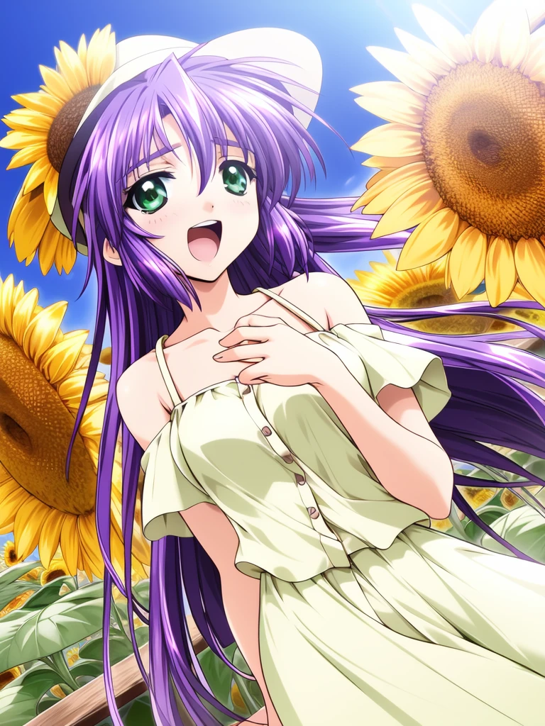 <lora:Kamizakura_Shizuya:0.8>, KamizakuraShizuya, 1girl, sopo, purple hair, long hair, green eyes,
flower, sunflower, hat, dress, sundress, open mouth, dutch angle,
masterpiece, high quality, very_high_resolution, large_filesize, full color,