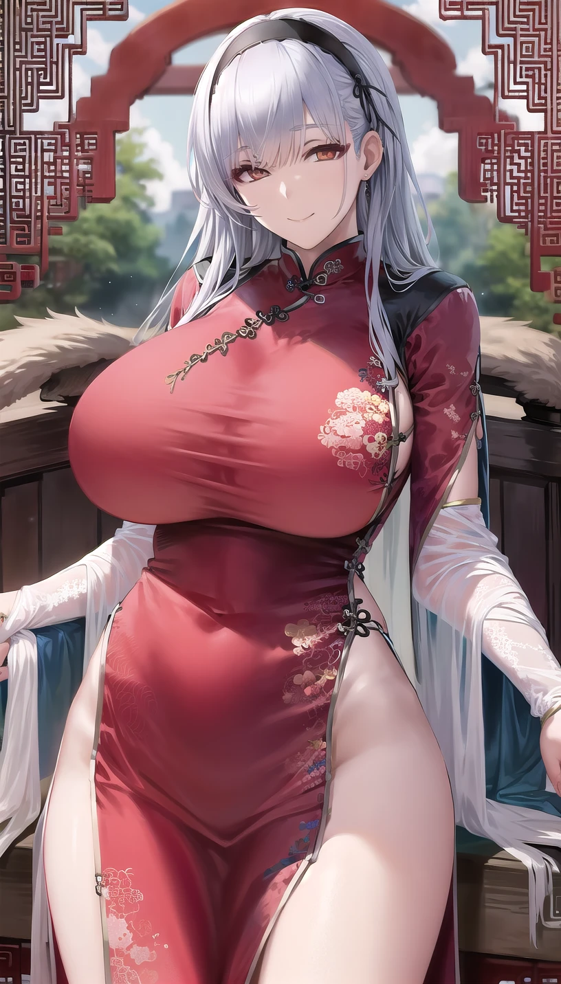 sexy woman, china setting, silver hair, ((((extremely massive breasts)))), (((red qipao)))), ((((red chinese dress)))), (((white accents))), ((perfect hourglass figure)), (((nipples))),