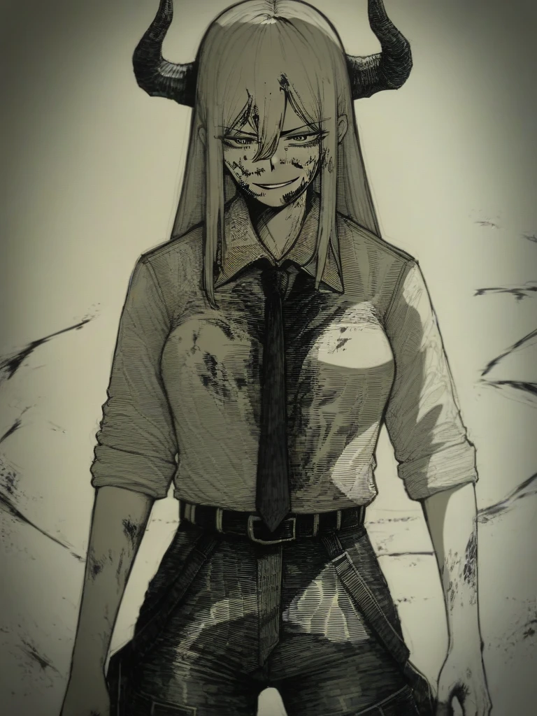 <lora:Epeulu-PonyXL-1024px:1>
score_5_up,
1girl, solo, standing, wearing (collared shirt, pants, belt), sleeves rolled up, tie, blood on face, long hair, demon horns, smirk, breasts