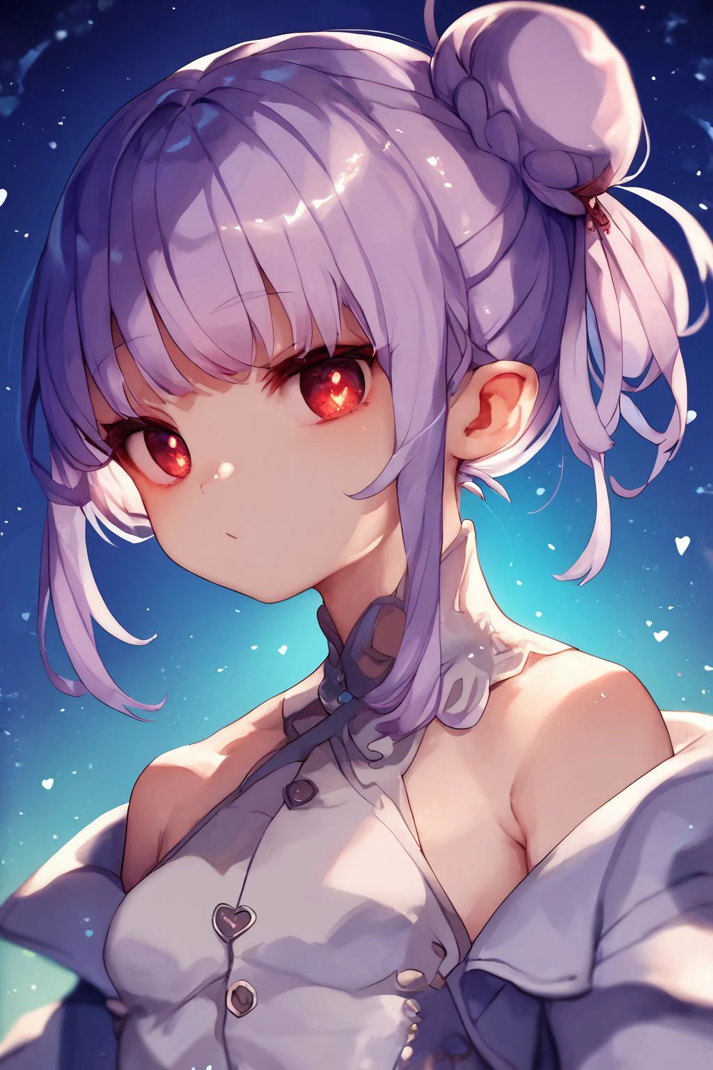 score_9, score_8_up, score_7_up, high resolution, 1girl, looking at viewer, beautiful face, detailed pupils, furrowed brow, purple hair, heart hair bun, textured bangs, red eyes, small breasts, silver overcoat, glitter particles, blue background <lora:kedama_milk_PonyXL_style_v02:1>