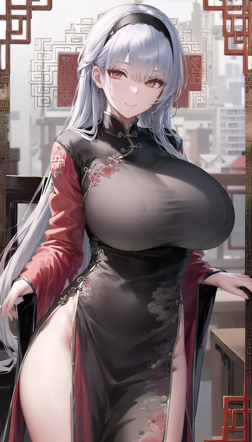 black hairband,
(chinese clothes:1.28),
smile,closed mouth,
lady,mature female, cowboy shot,
highres,official art,original,masterpiece,best quality,
(huge breasts),
<lora:Charlotte:0.81>