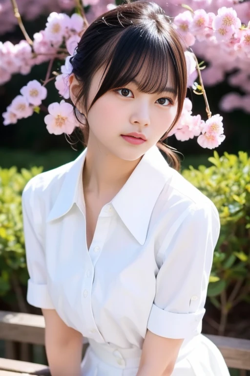 1girl,(RAW photo, best quality), (realistic, photo-realistic:1.4), masterpiece, an extremely delicate and beautiful, extremely detailed, 2k wallpaper, Amazing, finely detail, extremely detailed CG unity 8k wallpaper, ultra-detailed, highres, soft light, beautiful detailed girl, extremely detailed eyes and face, beautiful detailed nose, beautiful detailed eyes,cinematic lighting,perfect anatomy,slender body,
wearing a white collar blouse,white skirt(bokeh:1.2),
at a flower park,sakura flowers,flower garden,
<lora:usa_lora:0.8>
