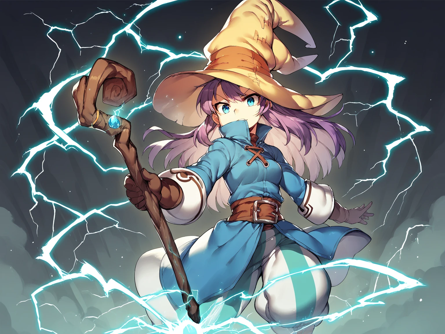 score_9, score_8_up, score_7_up, score_6_up, score_5_up, best quality, source_anime, <lora:BlackMageCostumeSDXL-V1:1>, BREAK
(solo female), (young:0.5), bmcostume, purple hair, blue eyes, holding wooden staff, electricity from staff