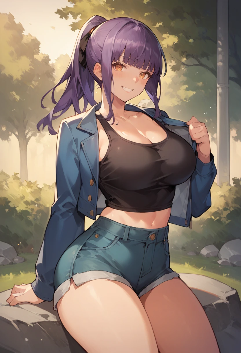 score_9, score_8_up, score_7_up, source_anime, 1girl, solo, park, amber eyes, violet hair, blue jacket, open jacket, black tank top, jean shorts, seated, on a rock, cowboy shot, grin, blush, big breasts, wide hips, thick thighs, blunt bangs, ponytail, <lora:Starshadowmagician-Style-PonyXL-000052:1>