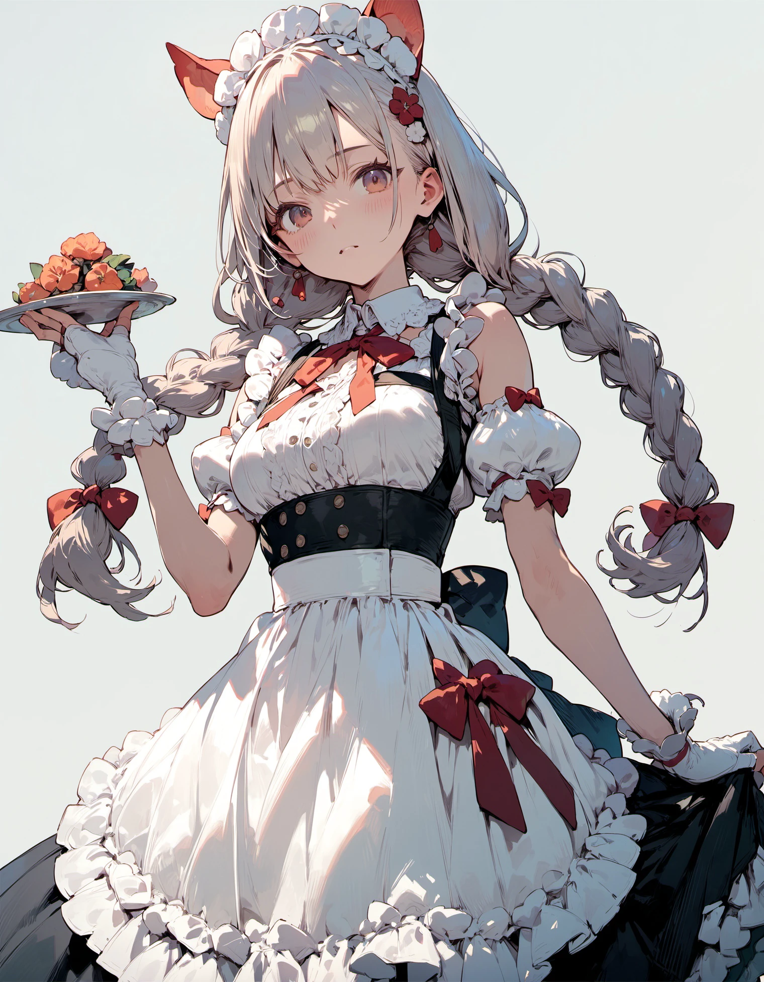 1girl, animal ears, apron, bare shoulders, black gloves, bow, braid, cowboy shot, dress, earrings, gloves, grey background, grey hair, hair between eyes, hat, holding, jewelry, long hair, looking at viewer, maid, maid headdress, neck ribbon, parted lips, pink eyes, puffy long sleeves, puffy sleeves, red ribbon, ribbon, sleeveless, sleeveless dress, smile, solo, star \(symbol\), star hair ornament, twin braids, white gloves, white headwear, wrist cuffs