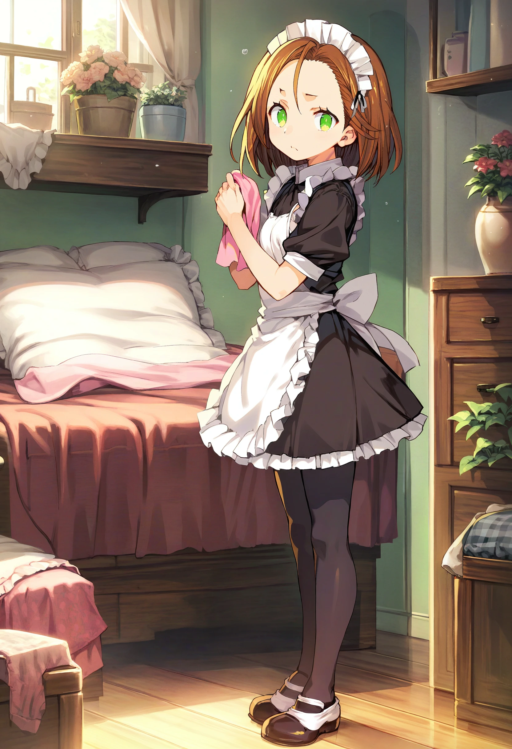 score_9,score_8_up,score_7_up,score_6_up,source_anime,<lora:Cool_Rance_XL_V2:1>,solo,1girl,full body,from side,holding towel,brown hair,forehead,looking at viewer,standing,worried,short hair,green eyes,small breasts,maid,maid headdress,maid apron,brown dress shoes,black legwear,hotel room,