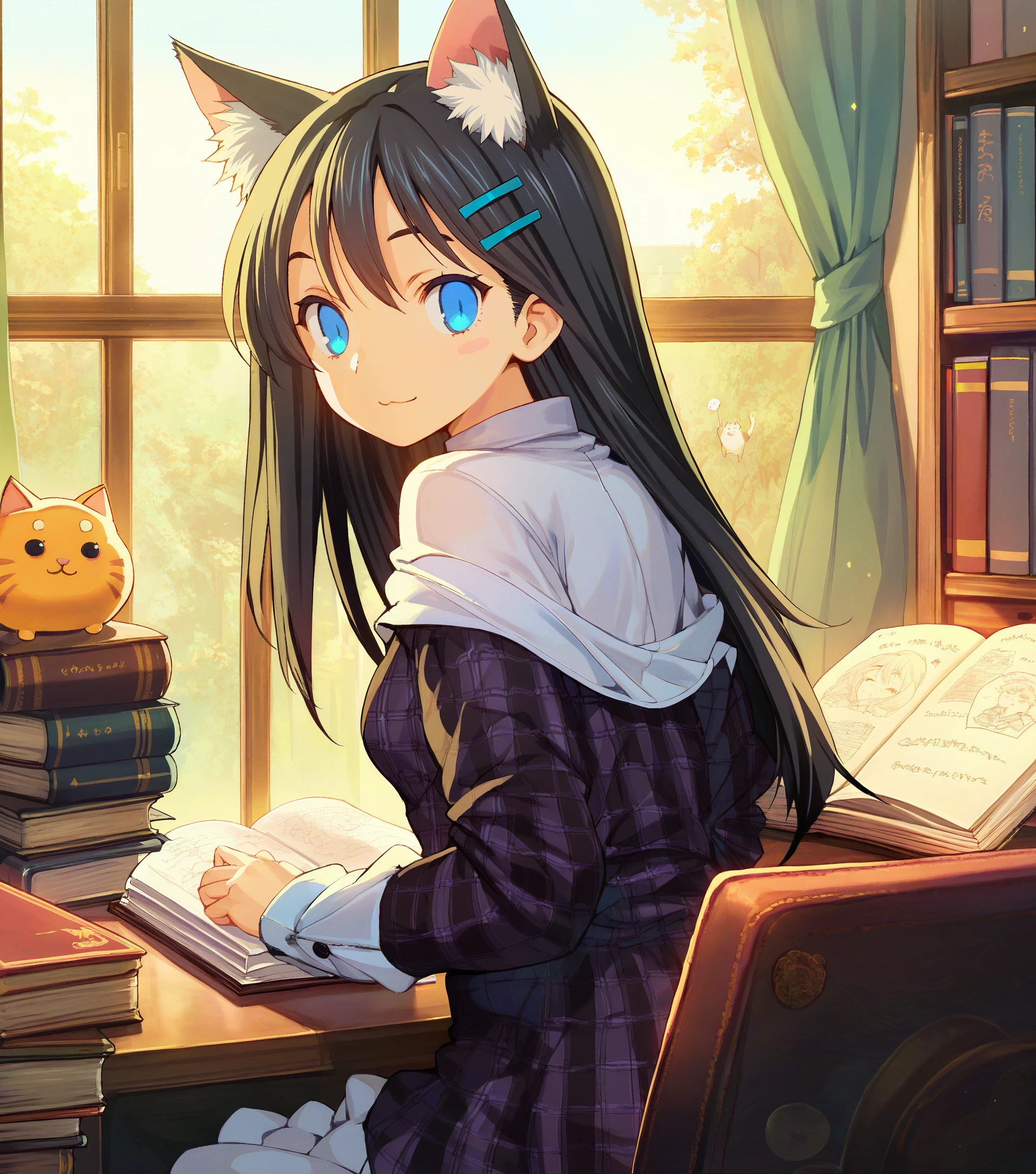 score_9,score_8_up,score_7_up,score_6_up,source_anime,<lora:Cool_Rance_XL_V2:1>,1girl,upper body,looking at viewer,from side,looking back,light smile,black hair,blue eyes,long hair,straight hair,sidelocks,hair ornament,small breasts,sitting,book,cat,cat ears,plaid_dress,desk,open book,