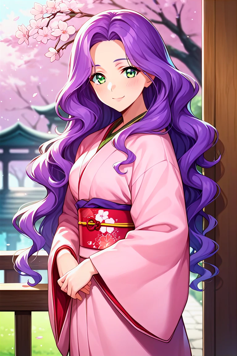 score_9, score_8_up, score_7_up, score_6_up, score_5_up, score_4_up, rating_questionable, , source_anime, digital illustration, pixiv, fanbox, uncensored, , BREAK, official art,
1girl, solo, female, anna clement, purple hair, green eyes, long hair, wavy hair,
japanese clothes, kimono, japanese background, cherry blossoms,  outdoors, light smile, blush, cowboy shot, looking at viewer,    <lora:Anna_Clement_Pony:0.8>