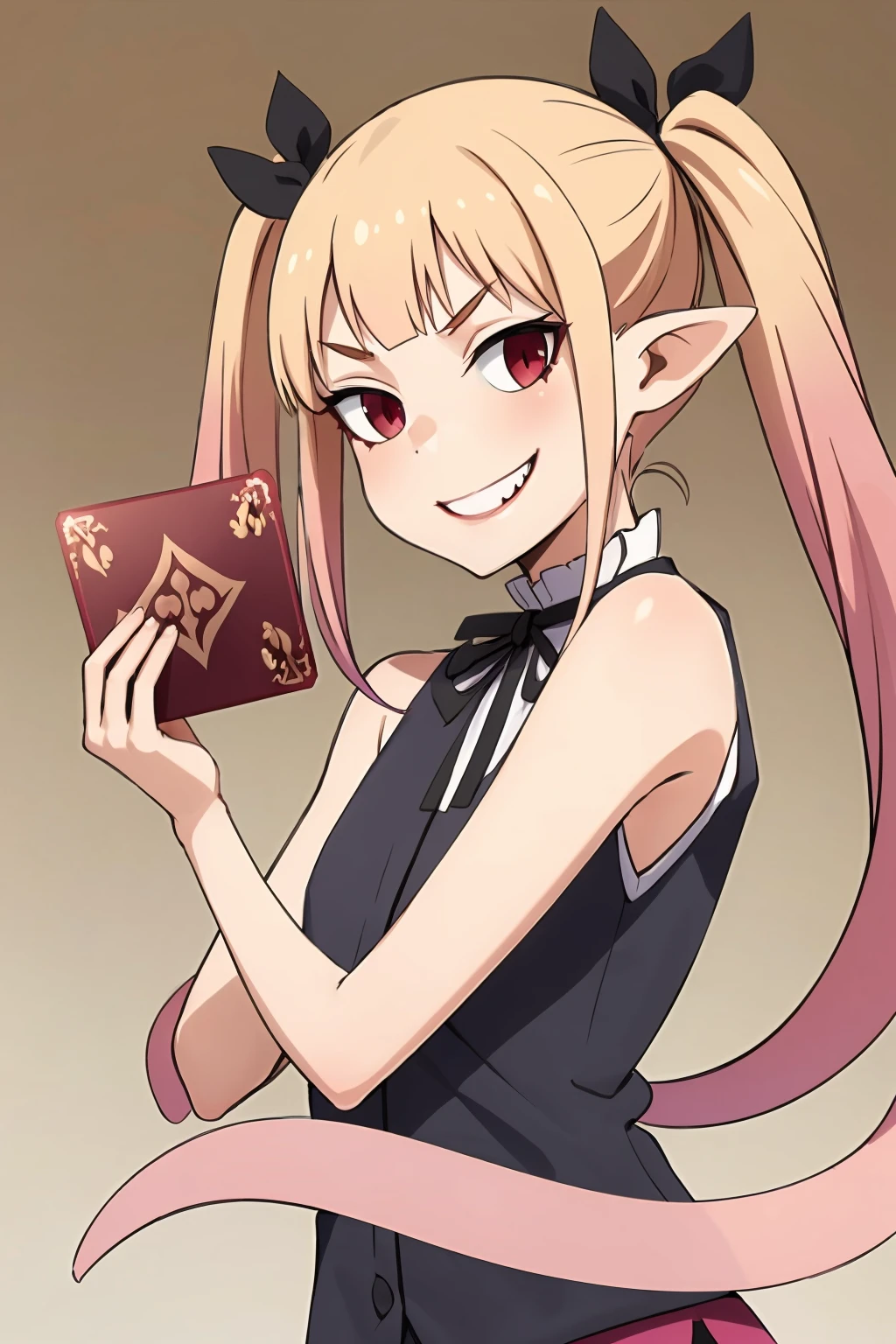vvnlla, blonde hair, multicolored hair, twintails, pointy ears, ribbon, black ribbon, neck ribbon, shirt, sleeveless, sleeveless shirt, pink hair, red eyes, looking at viewer, bow, wings, sleeveless, pointy ears, striped, holding, holding card, playing card, evil smile, <lora:Himesama_Goumon_Vanilla_00_01:0.8>