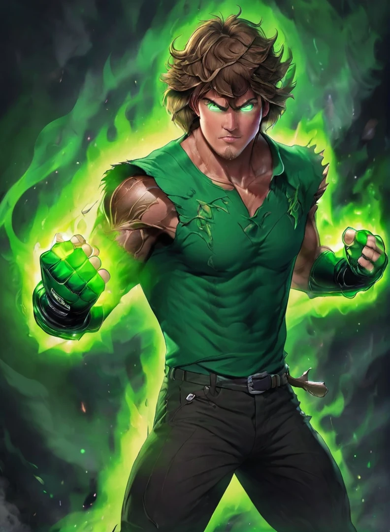<lora:Shaggy_RogersXL:1>,solo, 1boy, male focus, brown hair, shirt,gloves, 10% power level,muscular,buffed,green flame aura,cartoon style,