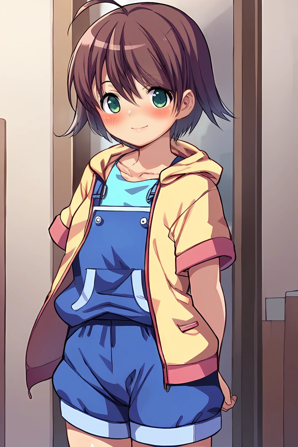 score_9, score_8_up, source_anime, 1girl, solo,
snn_V1, brown hair, short hair, bangs, ahoge, green eyes,
yellow jacket, open jacket, hooded jacket,
blue overalls, aqua shirt, t-shirt, short sleeves, pocket,
overall shorts, blue shorts,
standing, arms behind back, clenched hands,
cowboy shot, looking at viewer, smile, blush, closed mouth,
<lora:snnV1-pony:0.8>