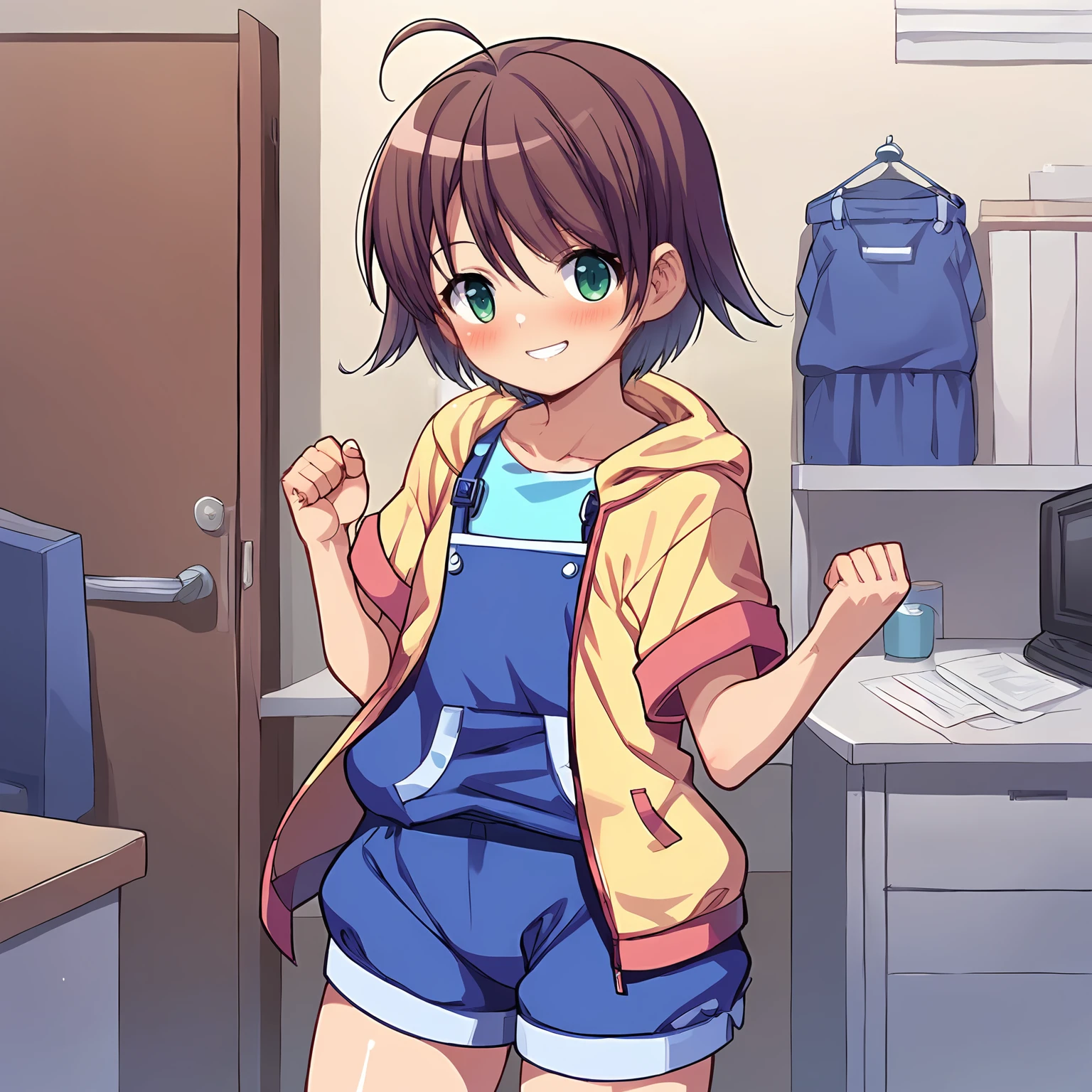 score_9, score_8_up, score_7_up, source_anime, 1girl, solo,
snn_V1, brown hair, short hair, bangs, ahoge, green eyes,
yellow jacket, open jacket, hooded jacket,
blue overalls, aqua shirt, t-shirt, short sleeves, pocket,
overall shorts, blue shorts,
standing, hands up, clenched hand,
cowboy shot, looking at viewer, smile, blush,
indoors, office,
<lora:snnV1-pony:0.8>