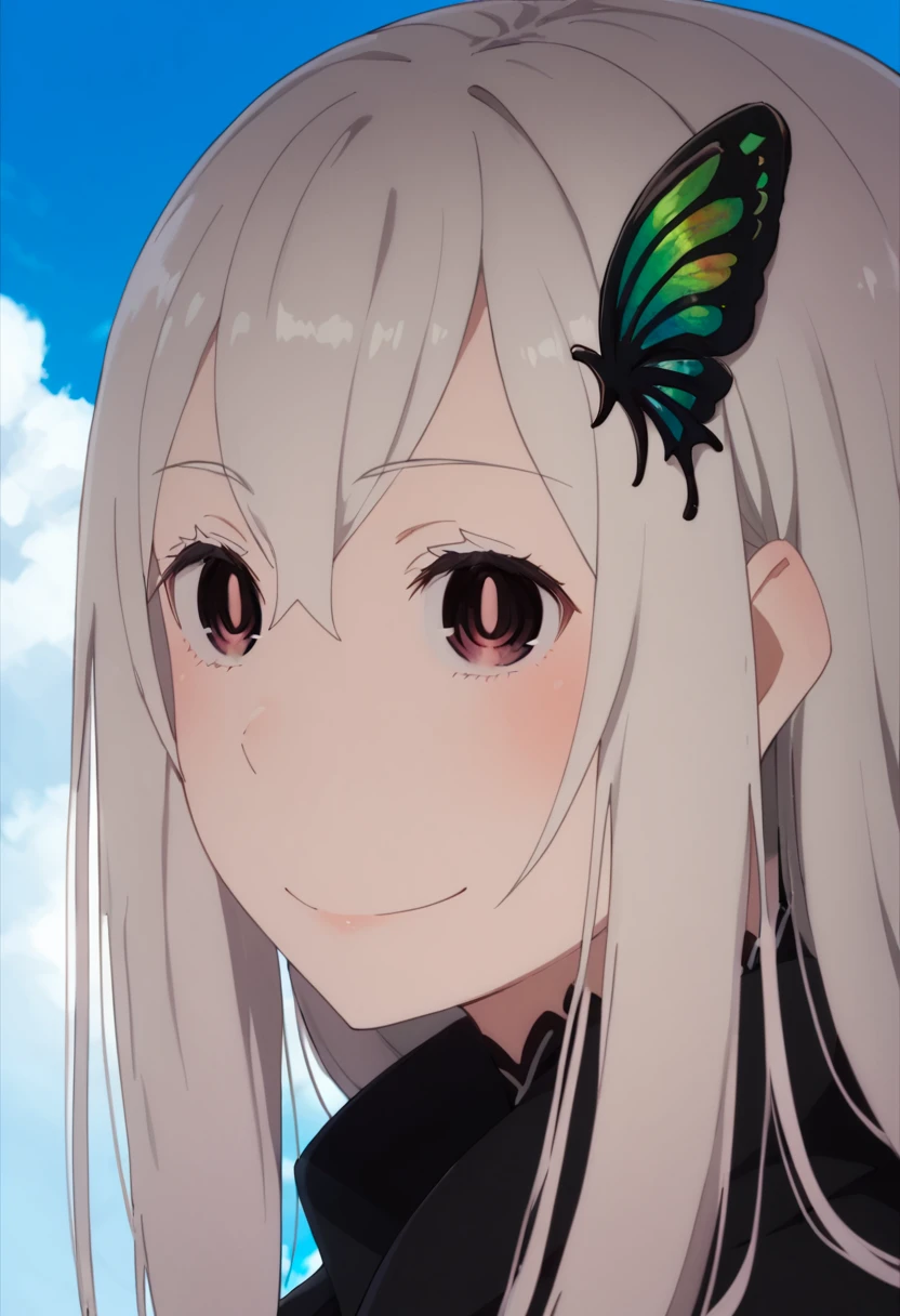 score_9, score_8_up,  <lora:echidia:1> 1girl, butterfly hair ornament, close-up, day, echidia, hair ornament, long hair, sky, smile, solo