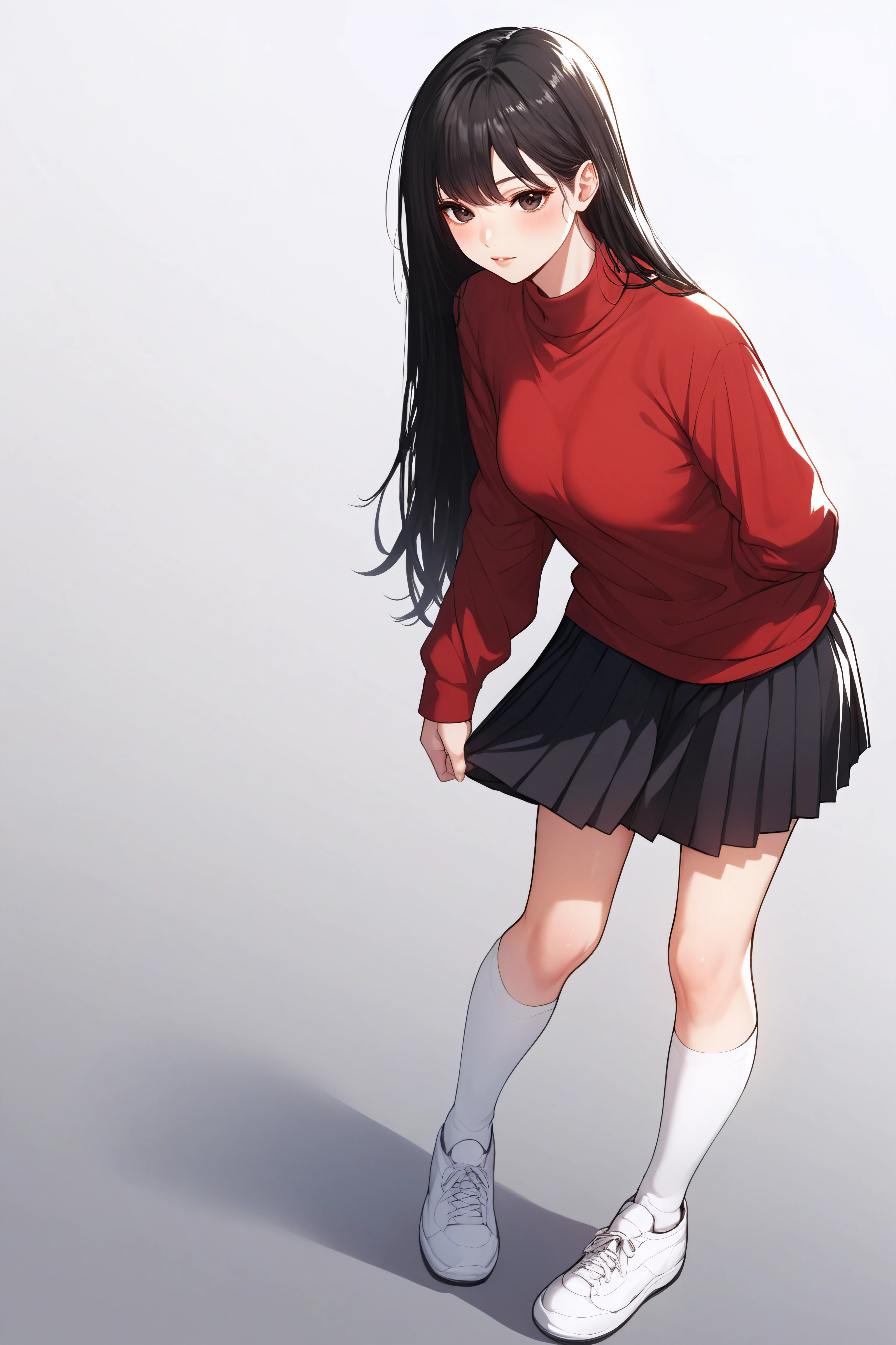 score_9, score_8_up, score_7_up, score_6_up, score_5_up, score_4_up, BREAK source_anime, <lora:nari:0.8> nari, black eyes, black hair, long hair, red sweater, long sleeves, black pleated skirt, white socks, white sneakers, standing,