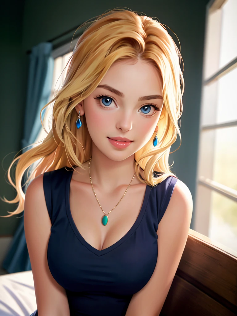 A beautiful k4th3r1n3h woman, 1girl,solo,long hair,breasts,looking at viewer,smile,blue eyes,blonde hair,shirt,brown eyes,jewelry,upper body,sleeveless,necklace,blurry,lips,black shirt,blurry background,heterochromia,realistic,soft lighting, professional Photography, Photorealistic, detailed, RAW, analog, sharp focus, 8k, HD, high quality, masterpiece<lora:k4th3r1n3h:1.0>