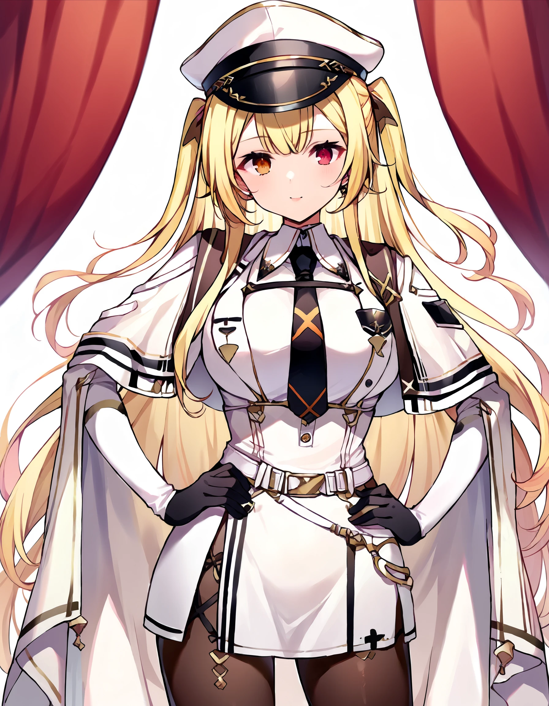 score_9, score_8_up, score_7_up, source_anime,
pinup of cute 1girl , solo, standing, hands on own hips,
<lora:hosikawa_pony_v2:0.9>
hskwsr, very long hair, blonde hair, two side up, bangs, brown ribbon, heterochromia, red eyes, orange eyes, large breasts,
military uniform, white dress, white shirt, black necktie, white belt, white cape, black gloves,brown pantyhose, white military hat, peaked cap,